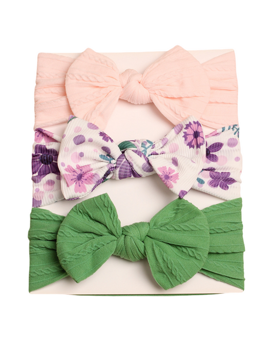 Assorted Baby Bow Headbands – Stretch Ribbed & Floral Print 3-Piece Set