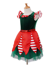 Girls Red and Green Elf Costume Dress with Hat and Striped Sleeves