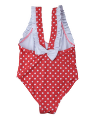 One-Piece Red and White Patterned Swimsuit with Ruffles