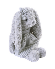 Plush Bunny Stuffed Animal Toy Dressed in Charming Plaid Dress and Striped Overalls