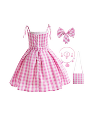Complete 8-Piece Pink Gingham Checkered Cosplay Dress and Accessories Set