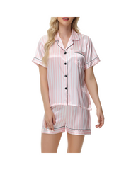 2-Piece Women's Satin Short Pajama Set – V-Neck Short Sleeve Button-Up Top & Shorts Sleep Set