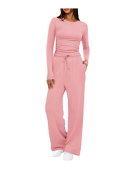 Comfy Ribbed One-Piece Jumpsuit for Women Long Sleeve Round Neck Wide Leg Loungewear