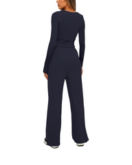 Comfy Ribbed One-Piece Jumpsuit for Women Long Sleeve Round Neck Wide Leg Loungewear