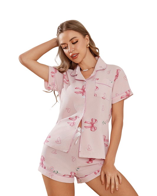 Cozy Printed Women Pajama Set – Short Sleeve Top & Shorts Sleepwear
