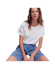 Laser Cut Cotton T-Shirt - Leaf Pattern Short Sleeve Top