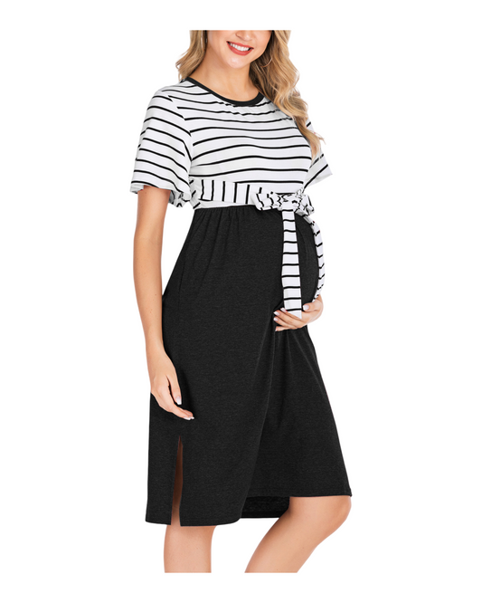 Striped Short-Sleeve Maternity Women's Midi Dress with Tie Detail