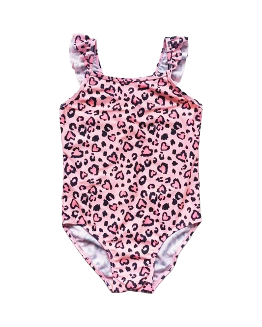 Sleeveless Infant Girls Cheetah Swimsuit – Ruffle Shoulder Summer One-Piece