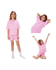 Pink Plaid Two-Piece Set for Girls Short Sleeve Tee and Shorts