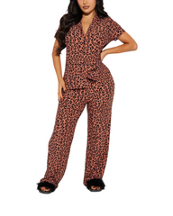 Short Sleeve Button Up Women Wide Leg Casual One-Piece Pyjama Set