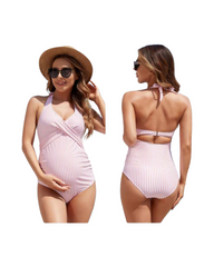 Maternity One-Piece Swimsuit Pink Striped V-Neck Bathing Suit for Women