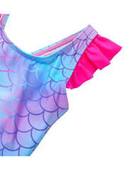 Mermaid Scale Print Girls One-Piece Swimwear with Ruffled Straps