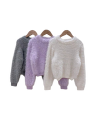 Faux Fur Crewneck Sweater - Warm Insulated Plush Pullover Top