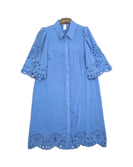 Cotton Eyelet Lace Shirt Dress - Short Sleeve Collared Midi Dress