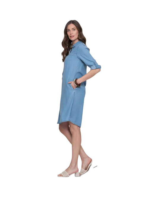 Lightweight Denim Shirt Dress with Roll-Up Sleeves and Button Placket