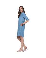 Lightweight Denim Shirt Dress with Roll-Up Sleeves and Button Placket