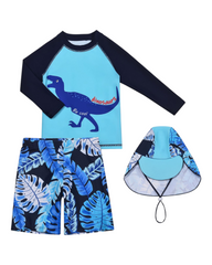 Boys' Three-Piece Dinosaur Swim Outfit Set with Hat