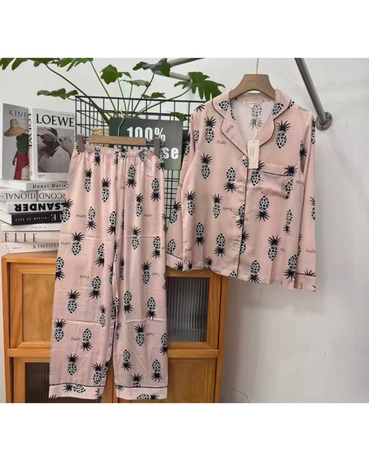 Pineapple Print Silky Pyjama Set – Long Sleeve & Lightweight