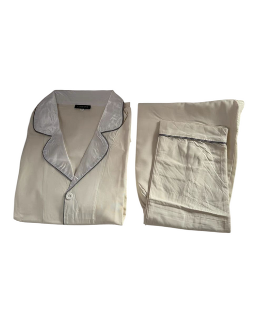 Long-Sleeved 50% Silk Shirt and Pants Cream Pyjama Set