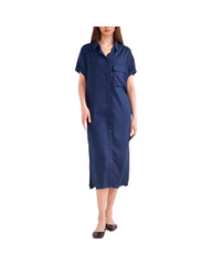Casual Blue Midi Shirt Dress for Women – Short Sleeve Collared Button-Up Everyday Dress