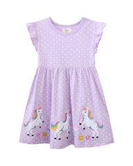Lilac Purple Unicorn and Rainbow Print Cotton Dress for Toddlers and Girls
