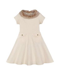 Faux Fur Collar Girls A-Line Party Dress | White Short Sleeve Kids Dress