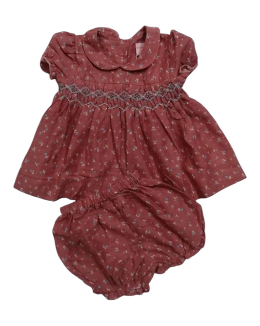 Smocked Red Two-Piece Flower Patterned Baby Dress and Shorts Outfit Set