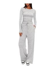 Comfy Ribbed One-Piece Jumpsuit for Women Long Sleeve Round Neck Wide Leg Loungewear
