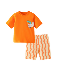 Cotton Blend Orange T-Shirt and Shorts Set for Boys Featuring Playful Summer Prints