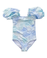 One-Piece Patterned Swimsuit with Puffed Sleeves