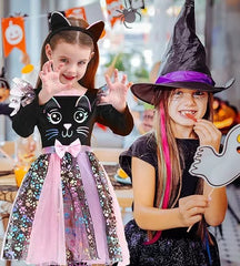 Sparkly Black Kitten & Girls Cosplay Dress Up Set - Halloween Outfit with Accessories