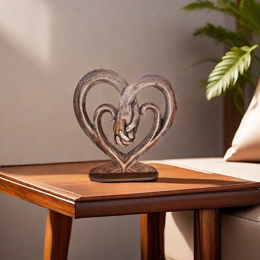 Wood Heart Hands Art Sculpture with Stand