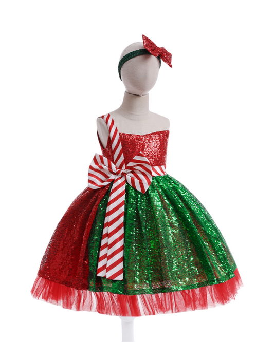 Red and Green Striped Holiday Dress with Matching Headband for Girls