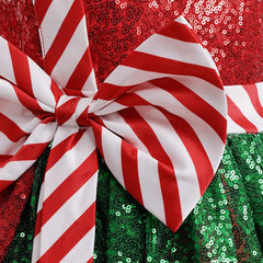 Red and Green Striped Holiday Dress with Matching Headband for Girls