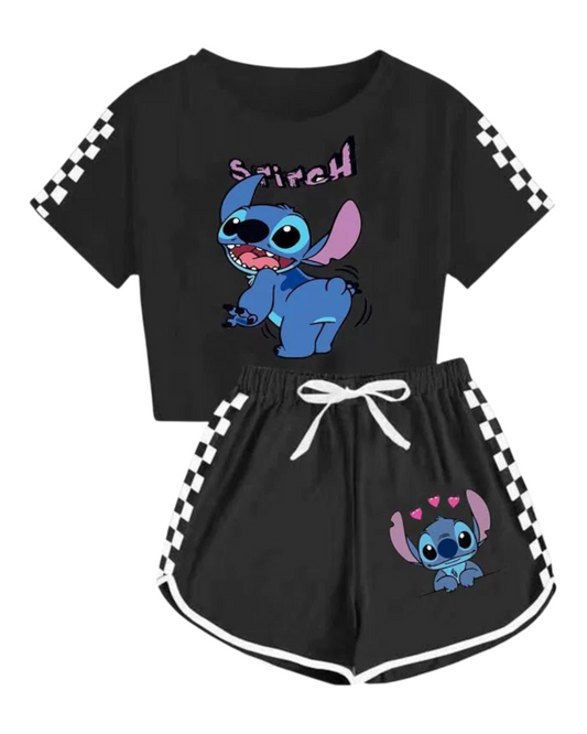 Kids Stitch Cartoon Print T-Shirt with Shorts Set