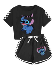 Kids Stitch Cartoon Print T-Shirt with Shorts Set