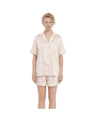 Short Sleeve V-Neck Button-Up Woven Women's Pajama Set