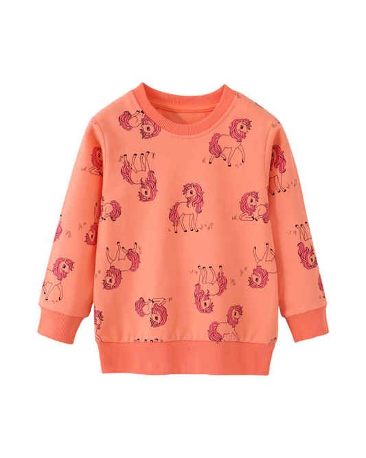 Peach Pullover Crewneck Sweatshirt for Girls Designed with All-Over Unicorn Graphics