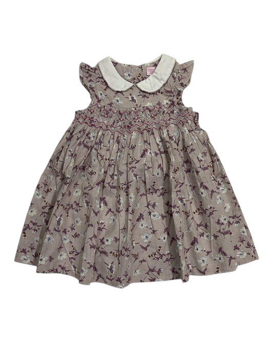 Girls' Smocked Patterned Short-Sleeve Collared Dress