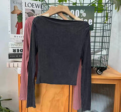 Seamless Ribbed Long Sleeve Crewneck Crop Top - Slim Fit Elastic Cotton Blend Layering Top