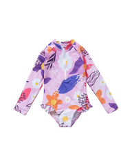 Ruffle Trimmed One-Piece Girls Long Sleeve Sun Protective Rash Guard