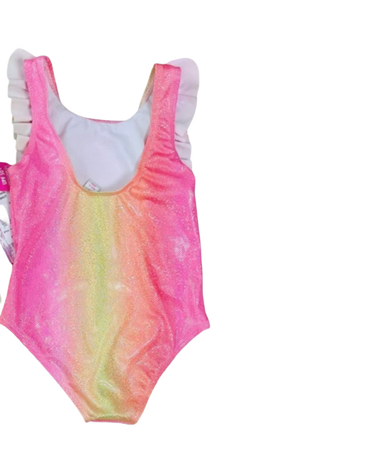 Pink Ombre Ruffle One-Piece Swimsuit for Girls with Shimmer Finish and Flutter Straps