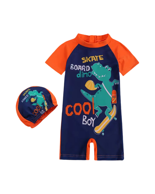Dinosaur Rash Swimsuit with Swim Cap