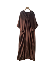 V-Neck Satin Midi Dress - Brown Short Sleeve A-Line Party & Formal Dress