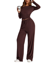 Comfy Ribbed One-Piece Jumpsuit for Women Long Sleeve Round Neck Wide Leg Loungewear