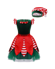 Girls Red and Green Elf Costume Dress with Hat and Striped Sleeves