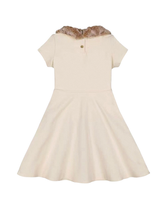 Faux Fur Collar Girls A-Line Party Dress | White Short Sleeve Kids Dress