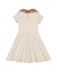 Faux Fur Collar Girls A-Line Party Dress | White Short Sleeve Kids Dress