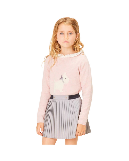 Warm Wool Knit Pullover Sweater for Girls with Little White Dog Design