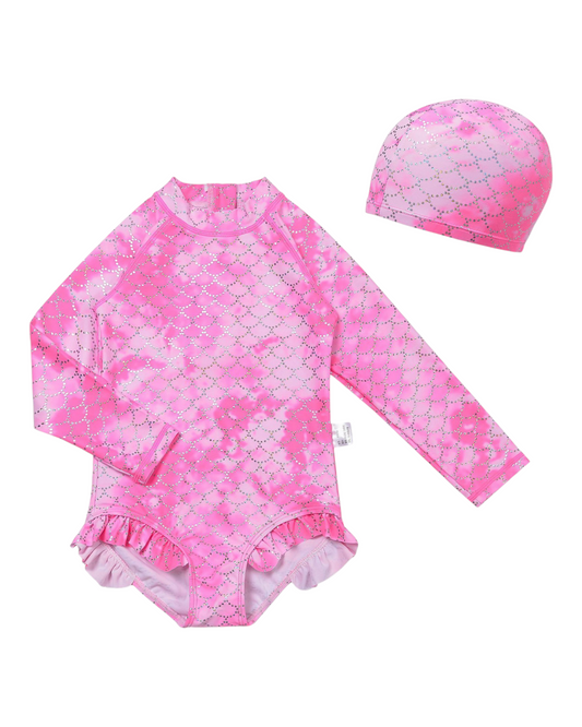 Long-Sleeved Pink Swimsuit with Swim Cap
